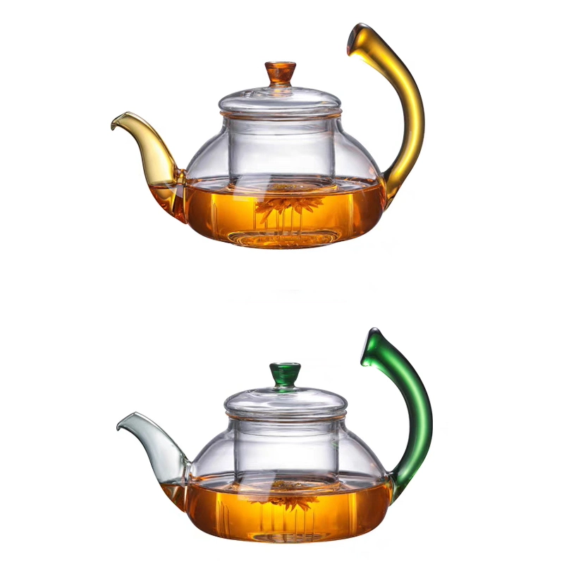 High Borosilicate Heat-Resistant Glass Tea Pot Set Kettle with Color Glass Handle Tableware on Tabletop Teapot