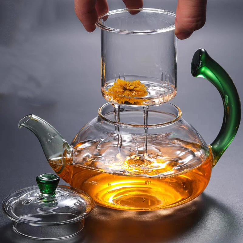 High Borosilicate Heat-Resistant Glass Tea Pot Set Kettle with Color Glass Handle Tableware on Tabletop Teapot