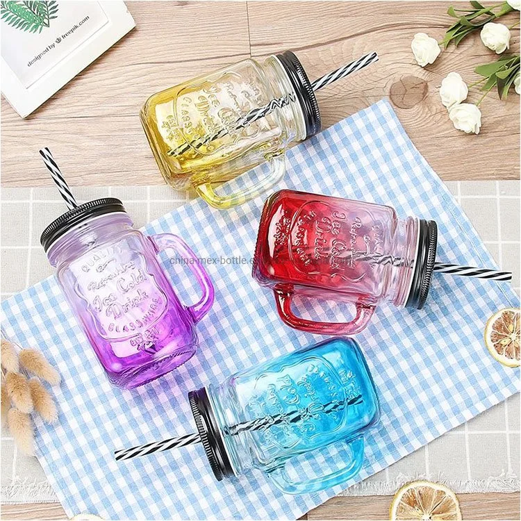 500ml Fruit Juice Cup Beverage Yogurt Glass Bottle with Handle and Straw